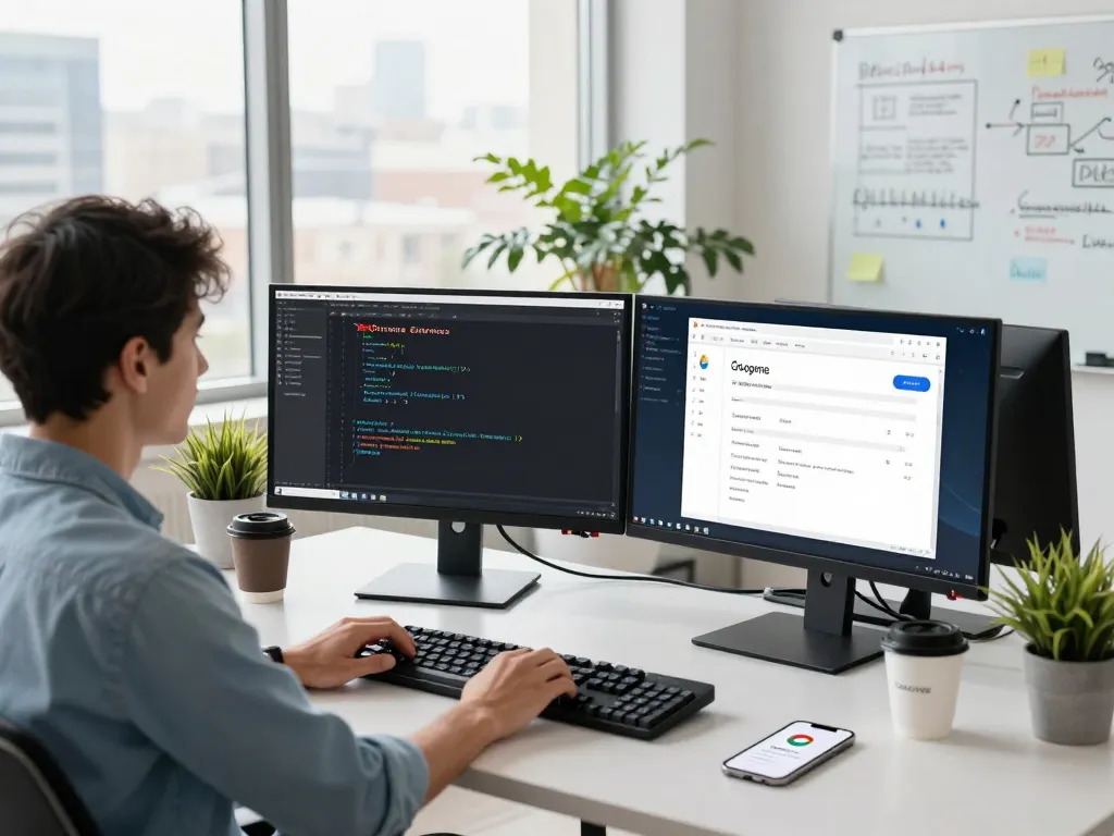 Developer optimizing 谷歌浏览器 extensions in a modern workspace with multiple monitors and natural light.