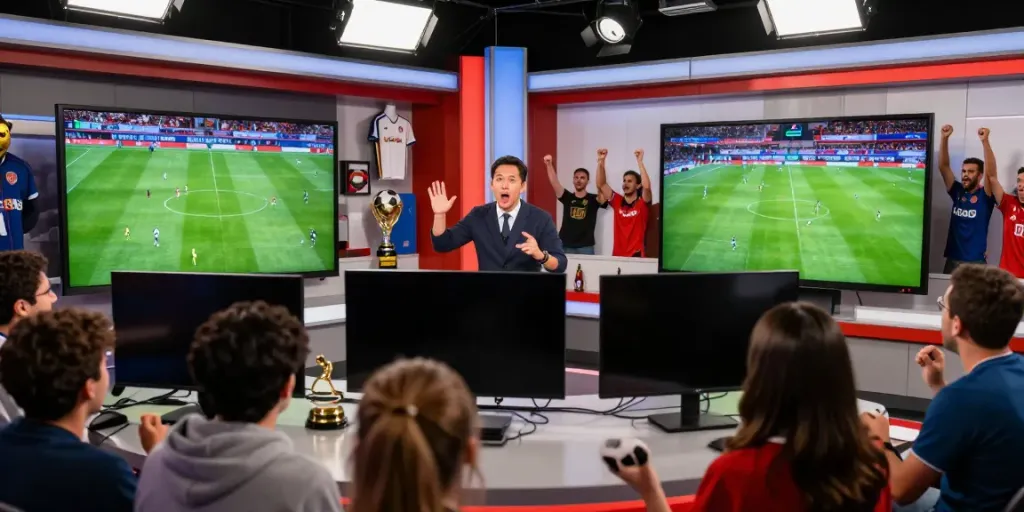 Exciting live football commentary on https://xoilactvx.me/ showcasing dynamic scenes in a vibrant studio.