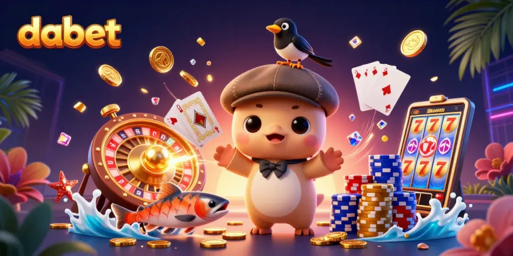dabet captures thrilling casino adventures with cartoon characters and vibrant gaming elements.