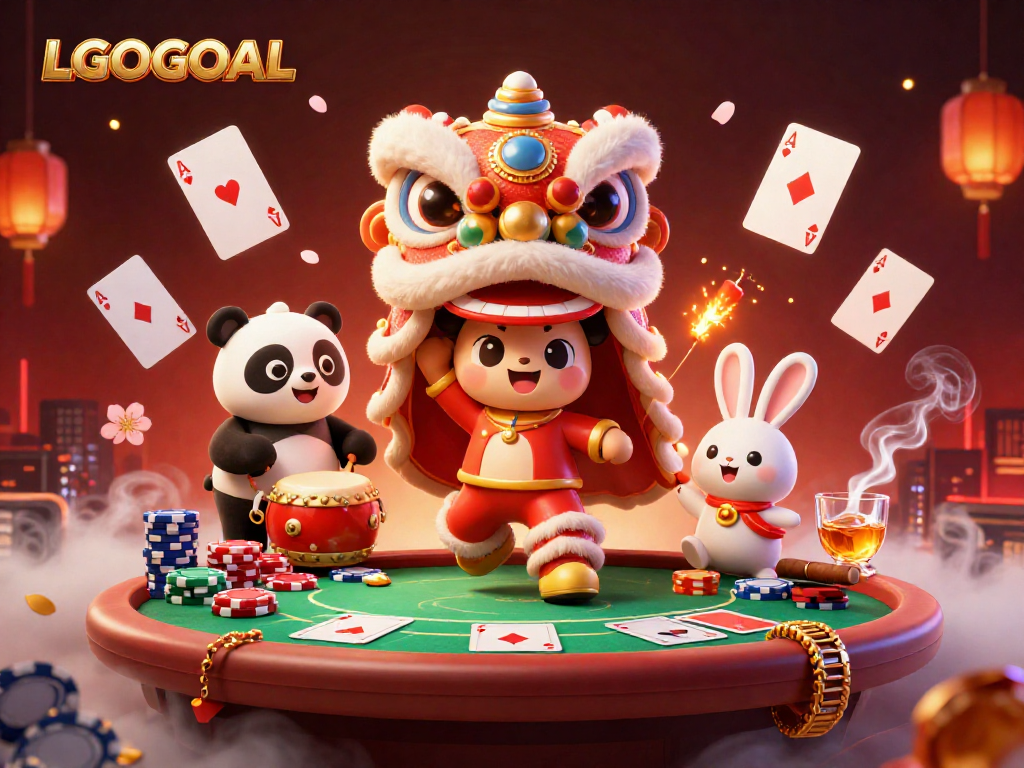 Engage with LGOGOAL in a vibrant casino scene featuring a lion dance and poker elements.