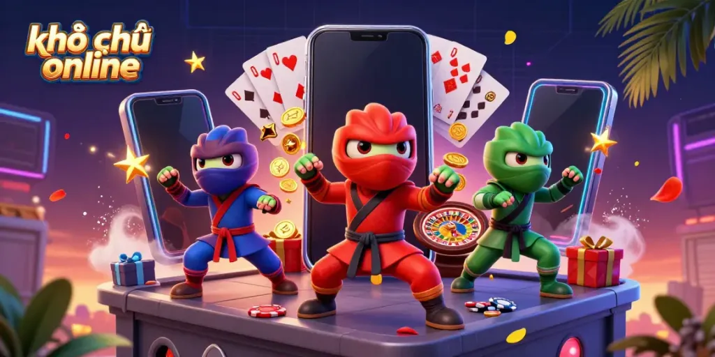 Experience vibrant online learning with khóa học online, emphasized by 3D cartoon chameleons illustrating teamwork in a dynamic casino setting.