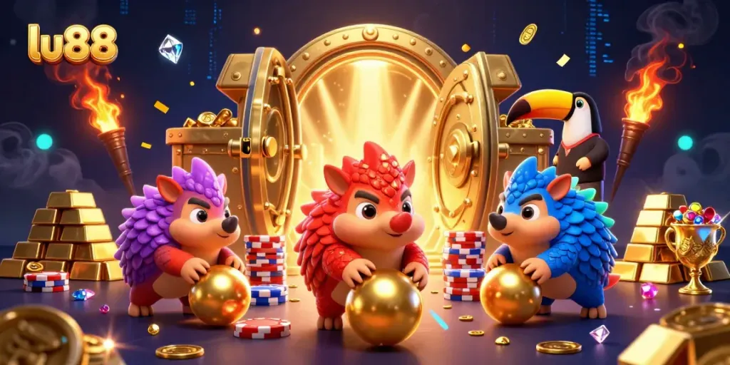 Experience thrilling moments at lu88 with rival pangolins competing in a colorful casino setting.