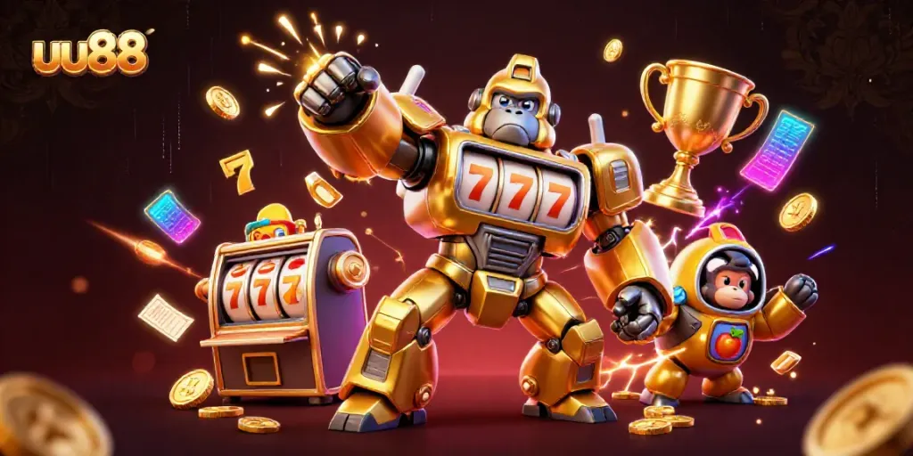 Experience thrilling gameplay with uu88's golden gorilla mech and spinning slot wheels, showcasing the excitement of online gambling.