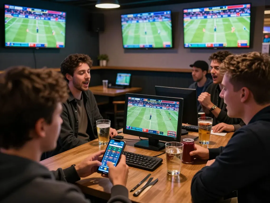Kèo nhà cái displayed on multiple screens as bettors engage in live sports betting.