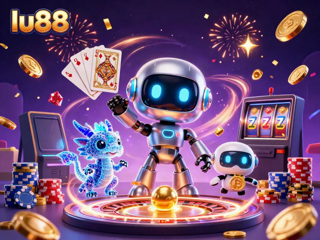 Experience thrilling games at lu88 with a dynamic 3D casino scene featuring robots, coins, and cards.