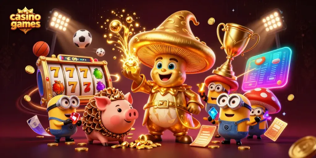 Engaging scene depicting various casino games with a wizard, pig, and minions amidst spinning slot reels, sports elements, and gold coins.
