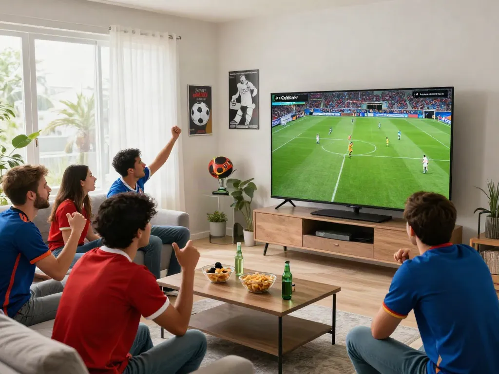 Fans enjoying a football match on Cakhiatv, celebrating in a vibrant living room.