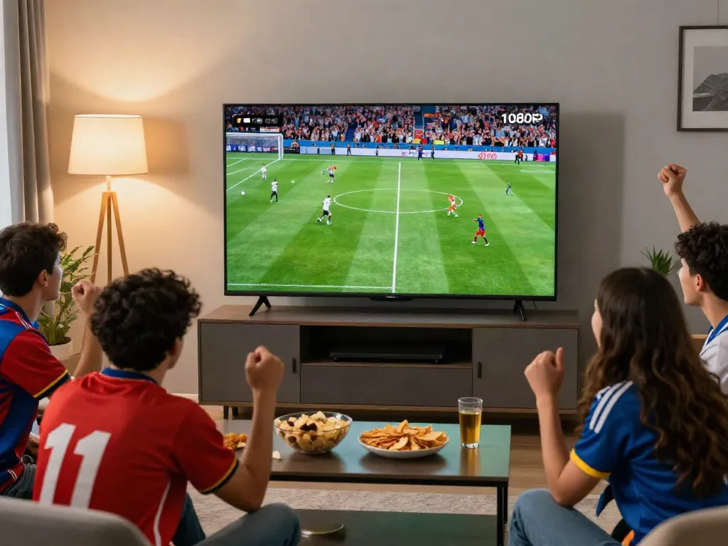 Excited friends watching a live football match on https://thapcamtvlive.live/ with snacks and drinks in a cozy living room.