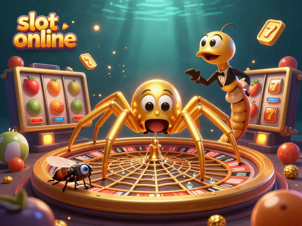 Engage with the excitement of slot online gaming in a vibrant 3D scene featuring a spider roulette.