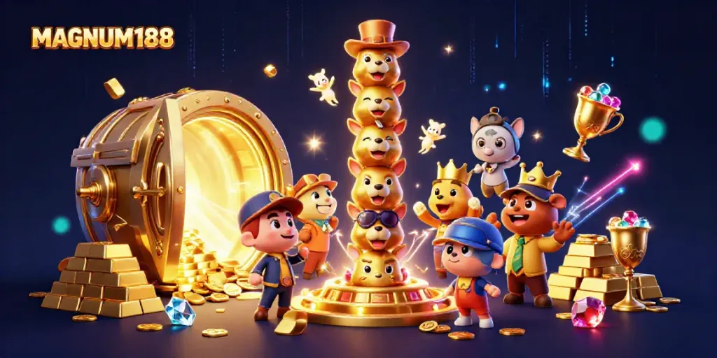 Experience the thrill of MAGNUM188 with dynamic casino elements and vibrant characters in a captivating scene.