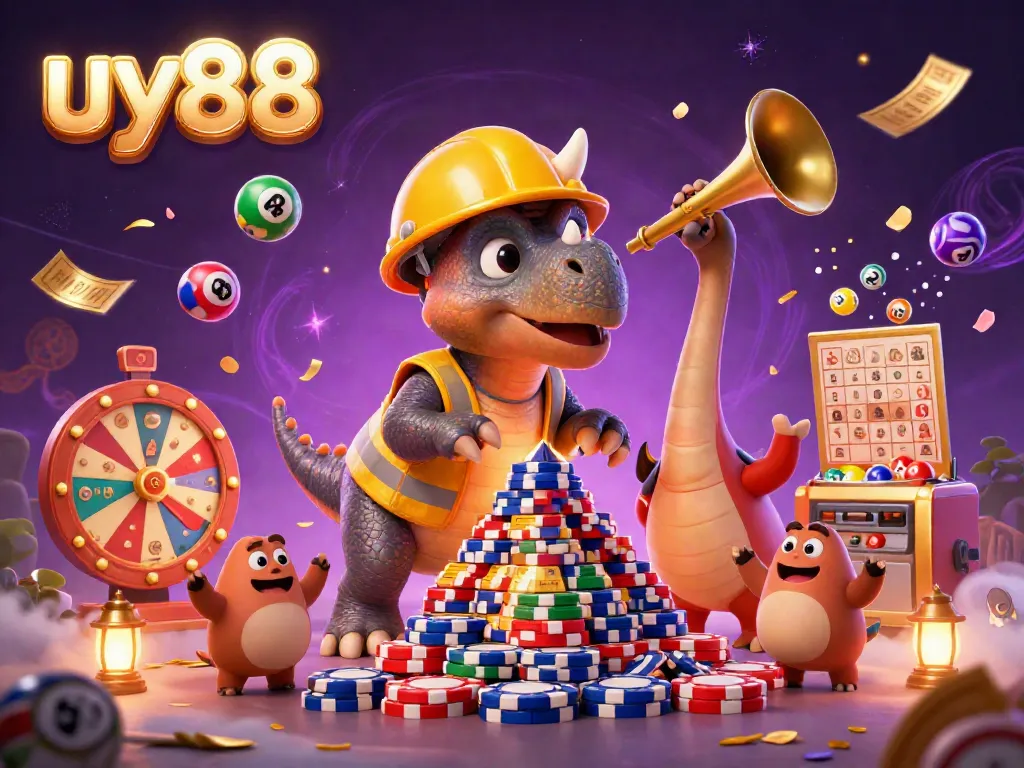 Celebrate exciting wins with uy88-themed 3D illustration showcasing vibrant casino elements.
