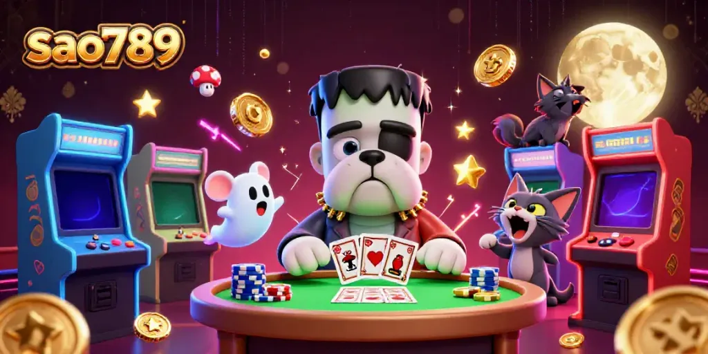 Engage in thrilling gaming action at sao789 with a vivid illustration featuring unique characters and casino elements.