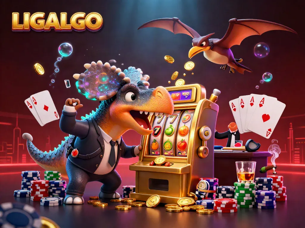 LIGALGO slot machine scene featuring a dinosaur winning jackpot coins with vibrant casino elements.