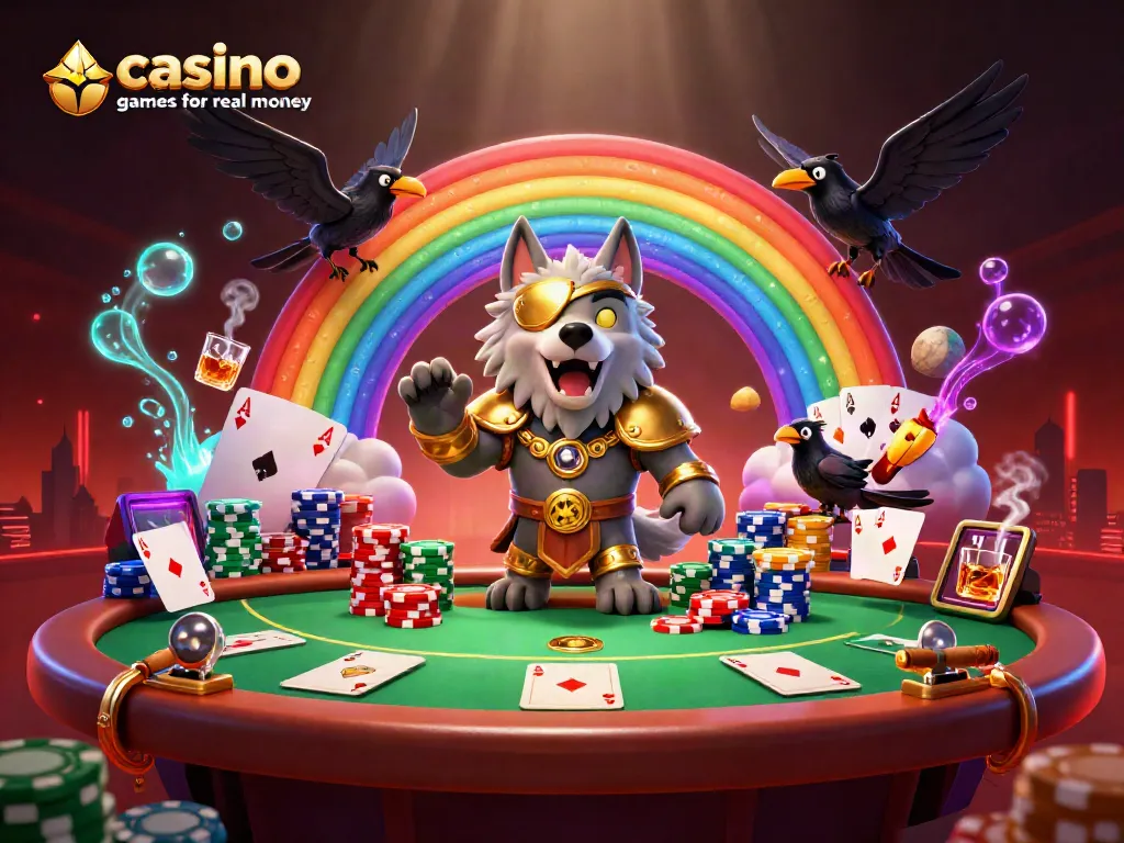Engage in casino games for real money with a 3D Norse-inspired scene featuring Odin and ravens amid poker tables and vibrant casino elements.