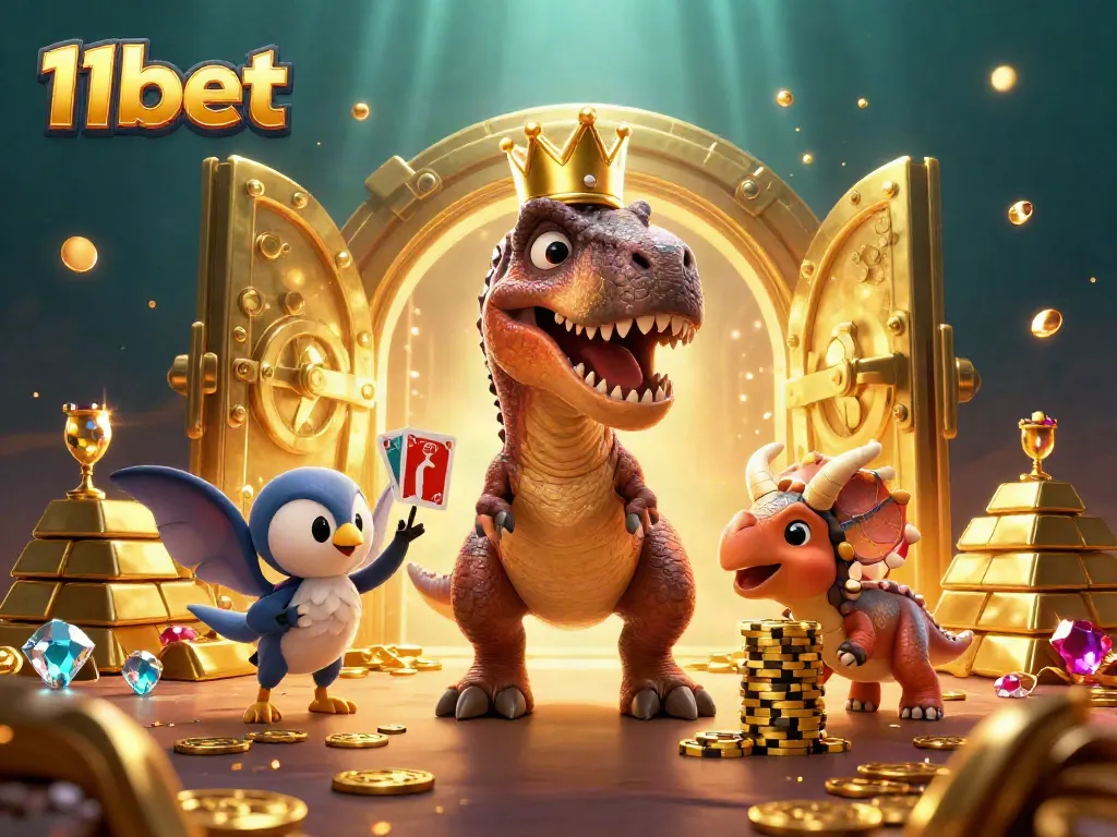 Experience the thrilling world of 11bet with a dinosaur-themed casino scene showcasing fun and adventure.