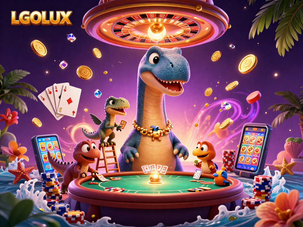 Engage with LGOLUX at a vibrant 3D cartoon casino, featuring a tall brontosaurus and exciting gameplay.
