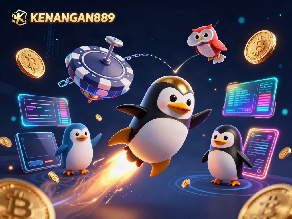Experience excitement at KENANGAN889 with a golden penguin and vibrant casino-themed elements in space.