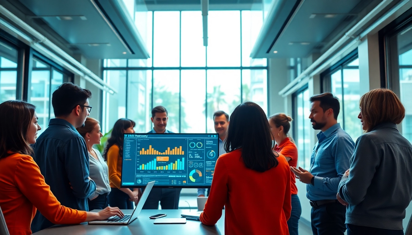 Showcasing a diverse team in an AI powered warranty company analyzing data collaboratively.