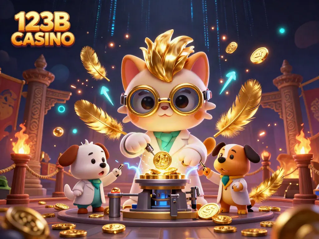 Experience 123B CASINO excitement with mad scientist cat and dog in a dynamic gold-coin lab scene.