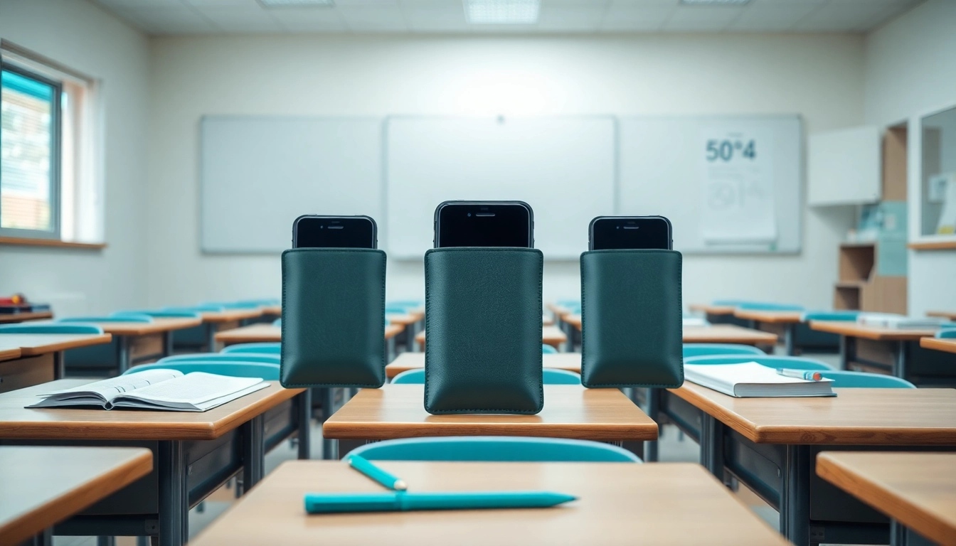 Handytasche Klassenzimmer mit stilvollem Design auf Schülerdesktops platziert.