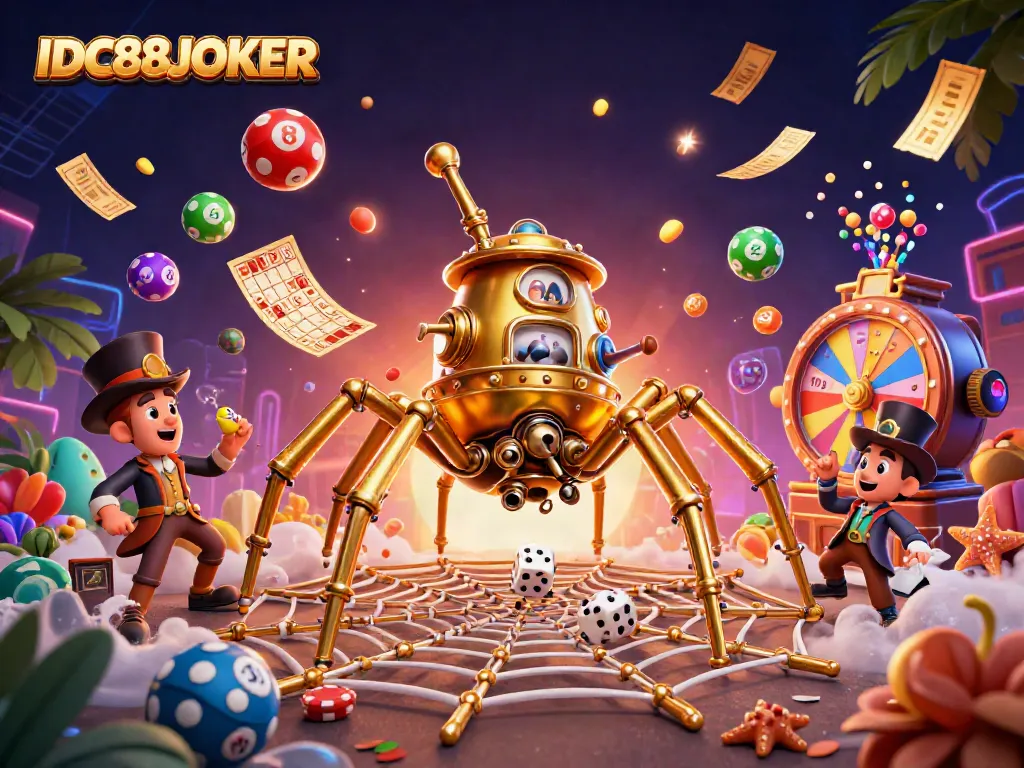 Engage with IDC88JOKER featuring a steampunk spider and lottery elements in a vibrant online gaming scene.