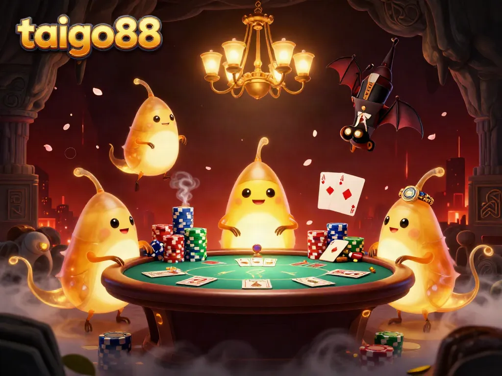 Engage in thrilling poker action with taigo88's neon-lit cave casino themed by glowworms and a bat dealer.