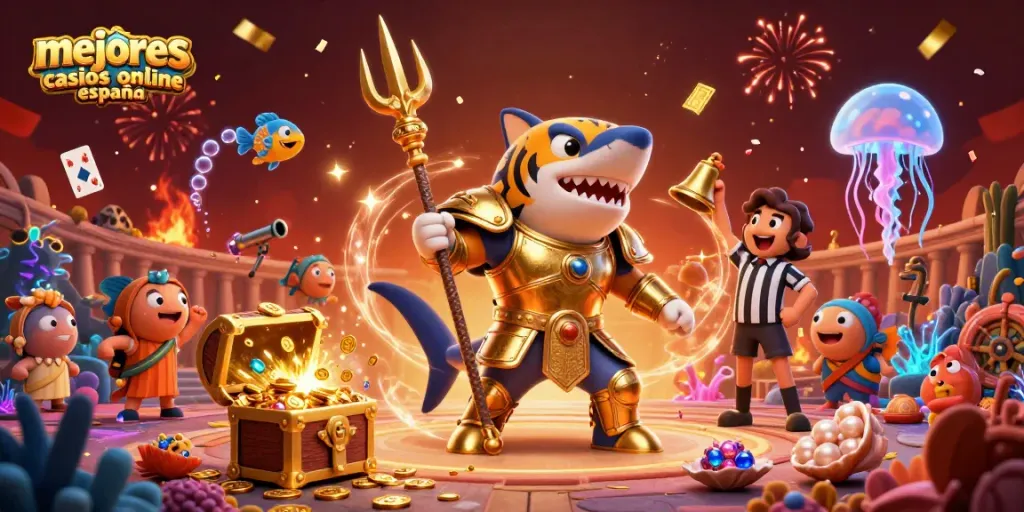 Experiencia emocionante en mejores casinos online España con un tiburón gladiador y dinero en juego.