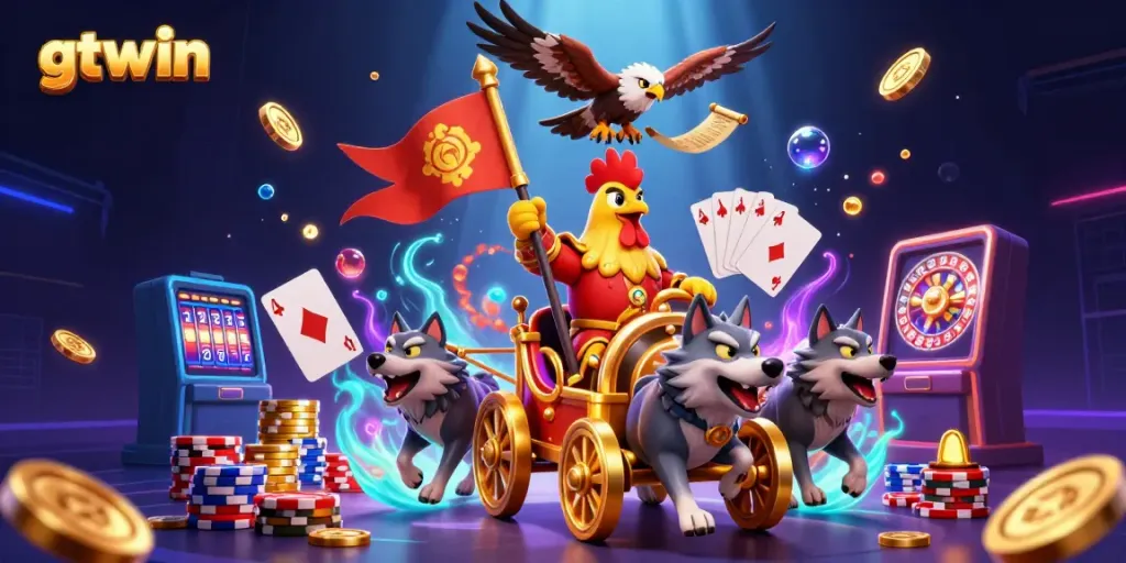 Experience the excitement of gtwin with a dynamic 3D casino scene featuring a rooster warlord and gaming elements.