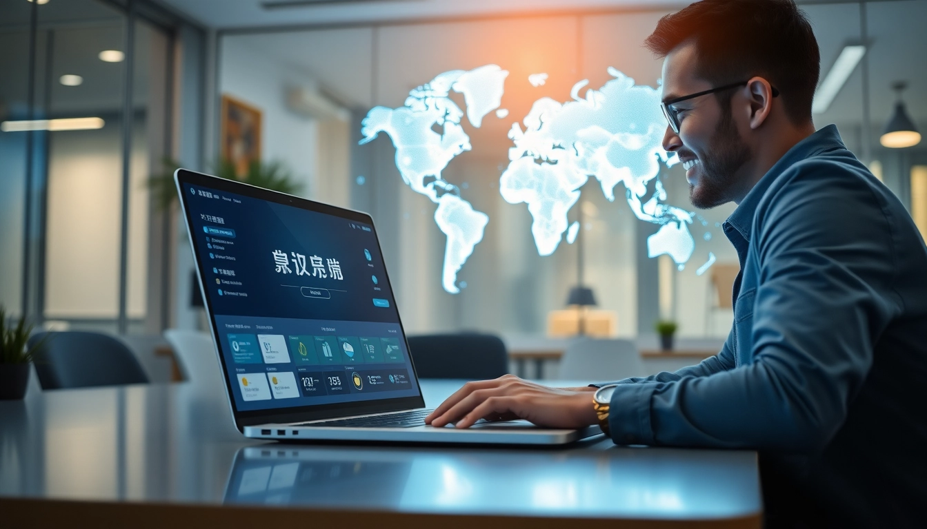 快连下载 interface displayed on a laptop in a modern workspace, symbolizing global connectivity.
