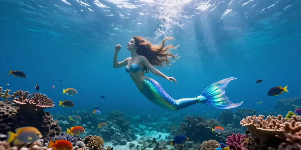 신화의 세이렌과 해양 생물들이 함께하는 마법 같은 수 underwater 장면