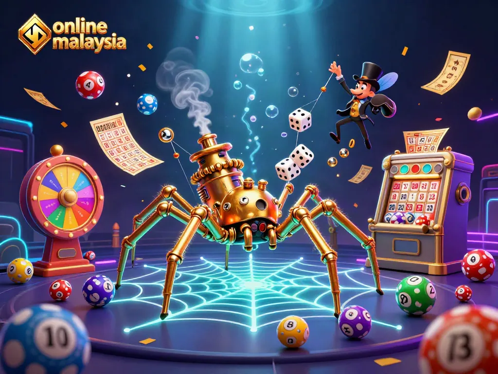 Experience the excitement of an online casino Malaysia with dynamic elements like colorful lottery balls and a steampunk spider in action.