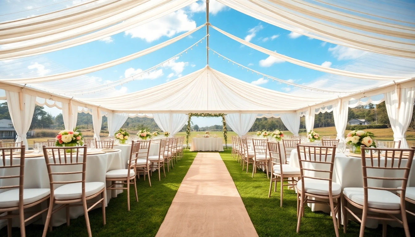 Wedding Tent Chair & Table Rentals displayed in an elegant outdoor setup with floral decorations.