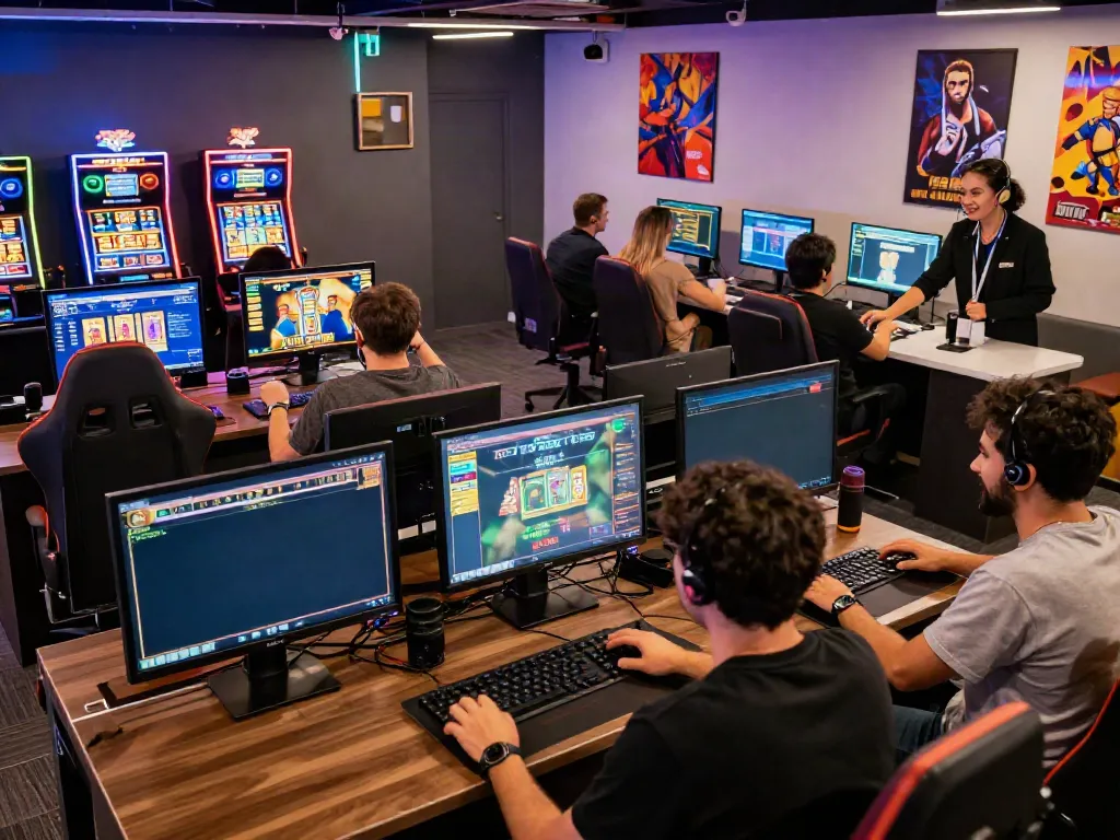 Diverse gamers enjoying the da88 online gambling platform in a vibrant gaming lounge