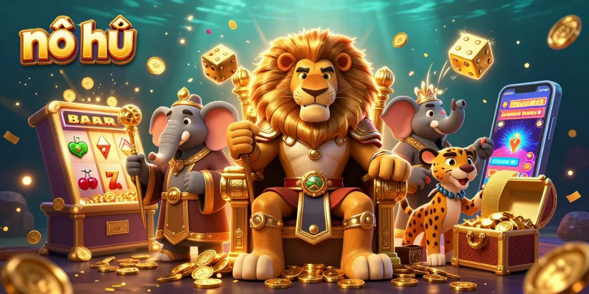 Engage in nổ hũ excitement as a fierce lion king and his allies celebrate a jackpot in this vibrant casino scene.