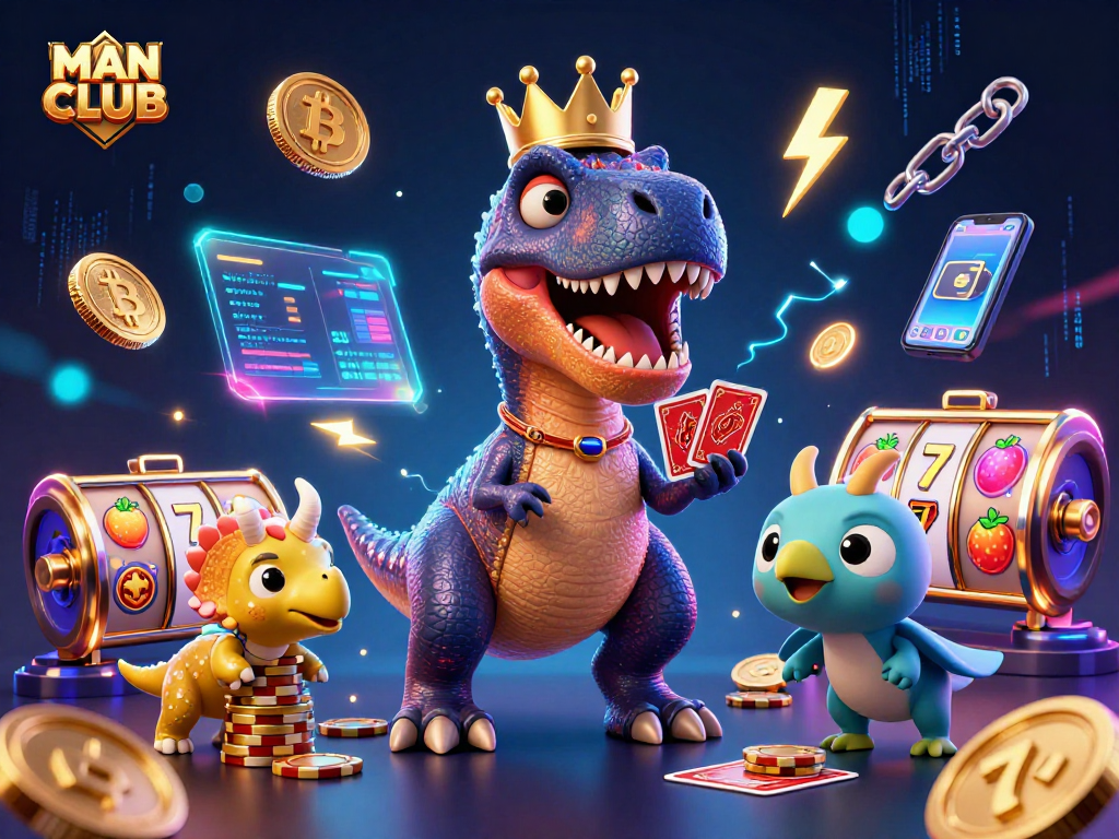 Engage with MAN CLUB's vibrant casino scene featuring adorable dinosaurs and crypto elements.