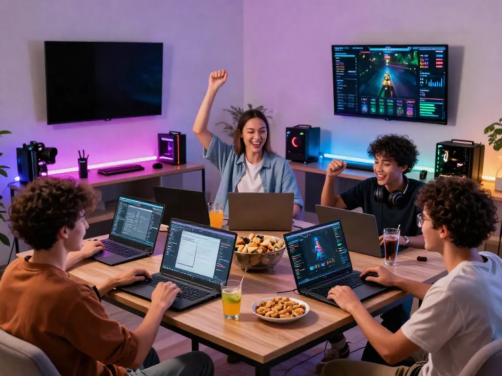 Dynamic online gaming scene celebrating a qqmacan link victory with friends in a vibrant living room.