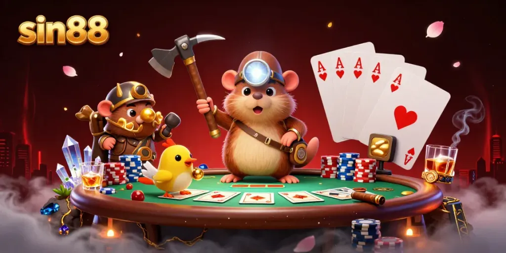 Experience the excitement of sin88 with a treasure hunter and canary amidst a vibrant poker scene.