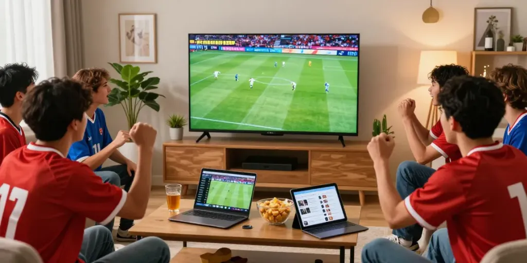 Football fans enjoying live matches from https://xoilactvlive.net/ with vibrant decor and snacks.