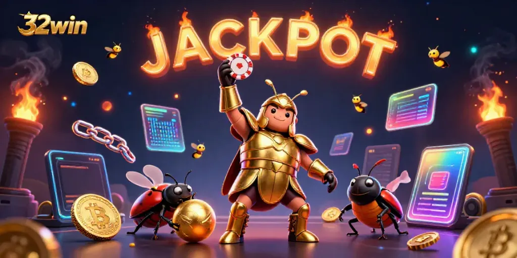 Join the fun at 32win with a victorious hercules beetle lifting a poker chip amidst a vibrant casino backdrop.