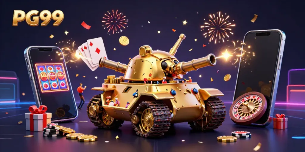 Engage with PG99's vibrant casino gameplay elements through a golden beetle tank bursting with fun.