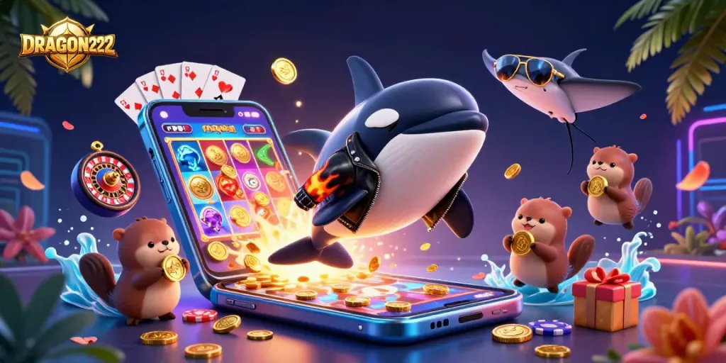 Permainan slot menarik di DRAGON222 dengan karakternya yang menghibur dan koin emas berkilau.