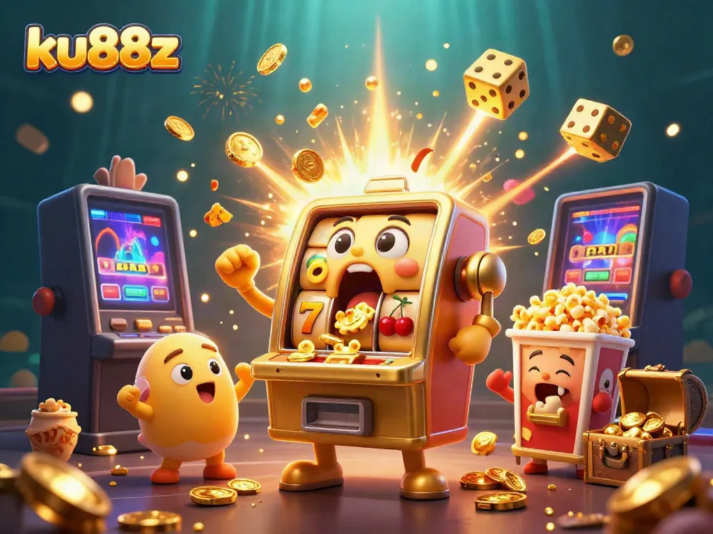Win big with ku88z at this vibrant 3D casino illustration featuring magical slot machines and gold coins.