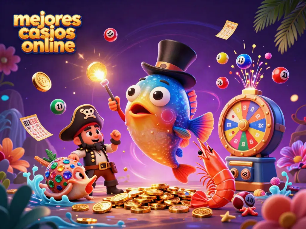 Disfruta de los mejores casinos online mientras el pez linterna atrae monedas doradas en esta ilustración.