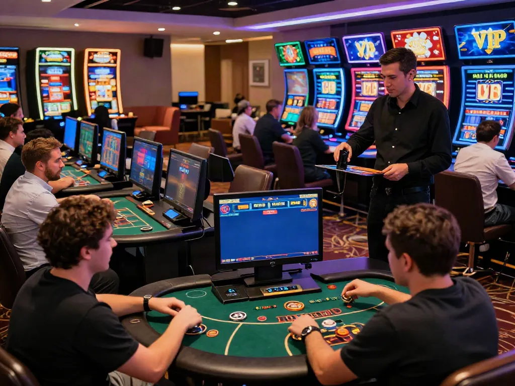 Engaging online gambling scene at https://five88bet.org/ with diverse players and vibrant game visuals.