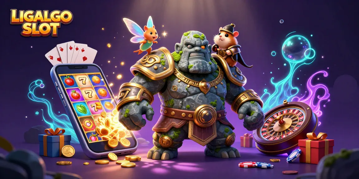 LIGALGO SLOT showcases a magical scene with a 3D golem, fairy, and hamster knight interacting with dynamic slot game elements.