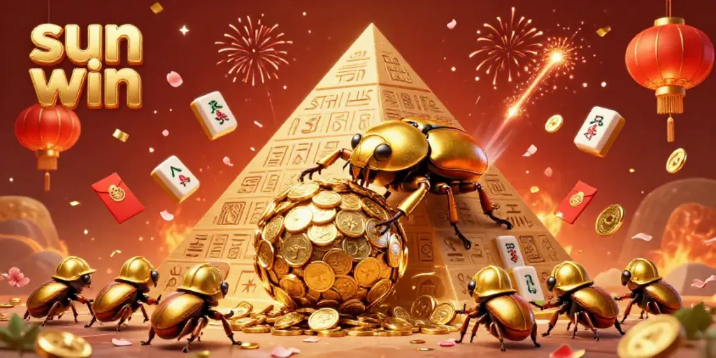 Experience the excitement of sun win with a golden beetle rolling coins up a pyramid, surrounded by festive casino elements.