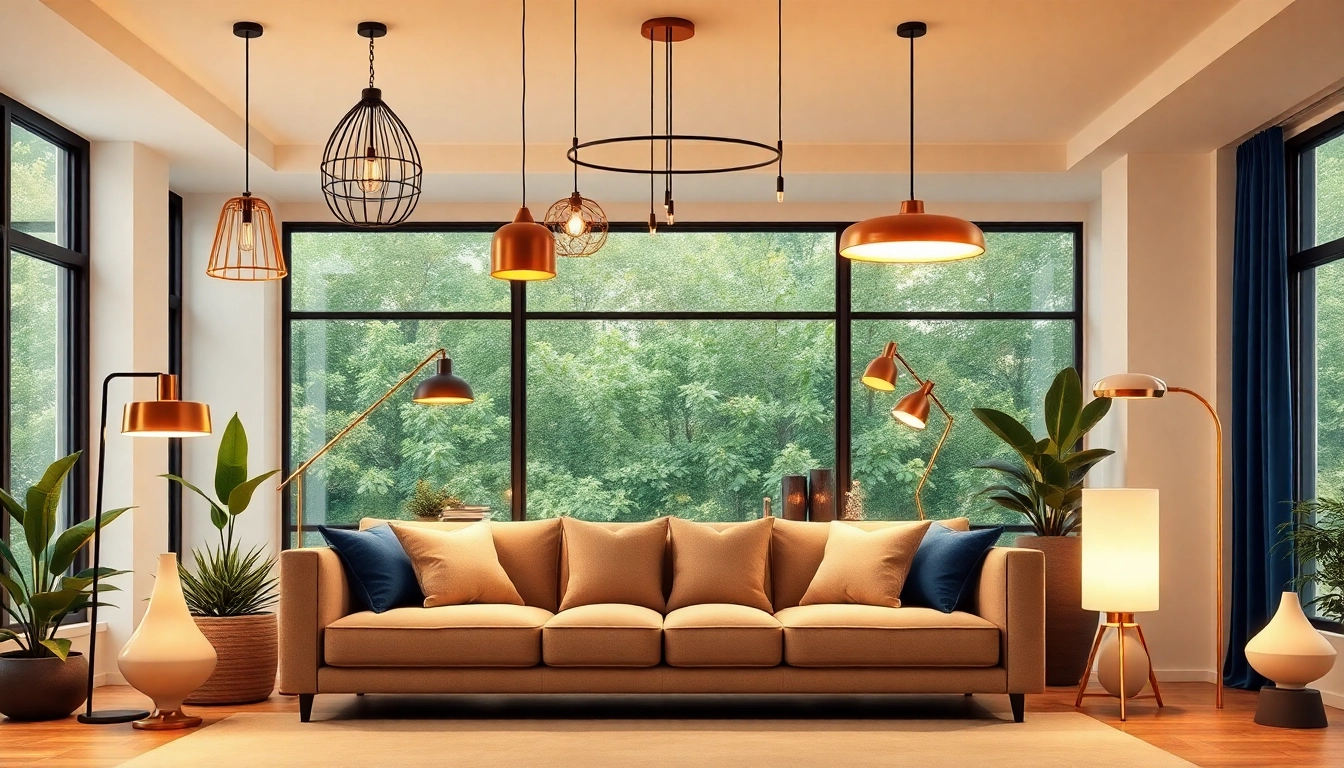 Shop ModernLighting with elegant fixtures illuminating a stylish living room.