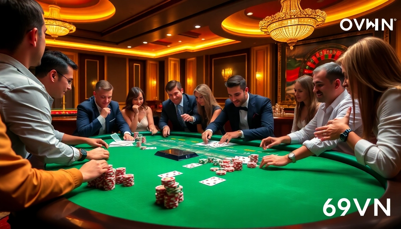 Engage in thrilling gameplay at 69VN with vibrant poker chips on a casino table.