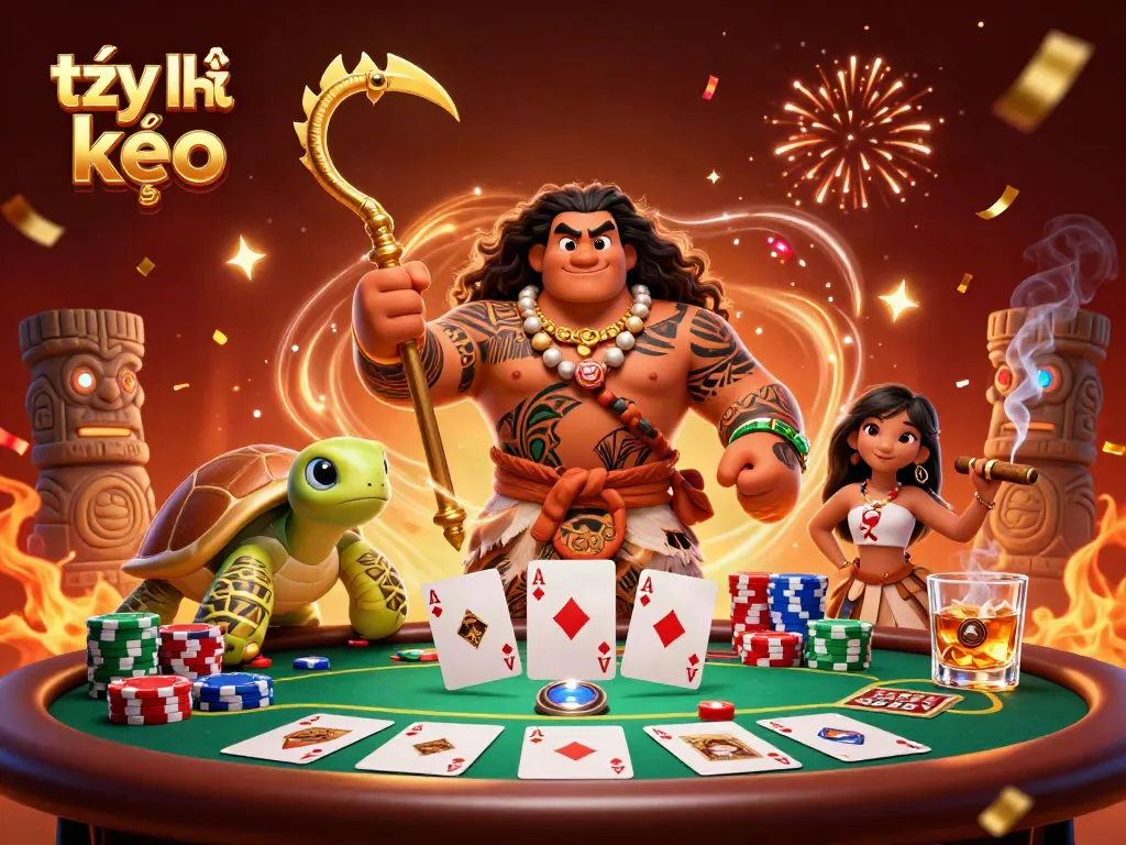 Experience the thrill of tỷ lệ kèo as you play poker, surrounded by vibrant characters and festive elements.