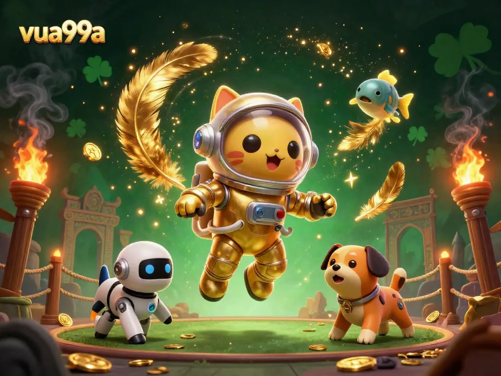 Experience exhilarating action at vua99a with this dynamic gaming scene illustration featuring a space cat and robot dog.